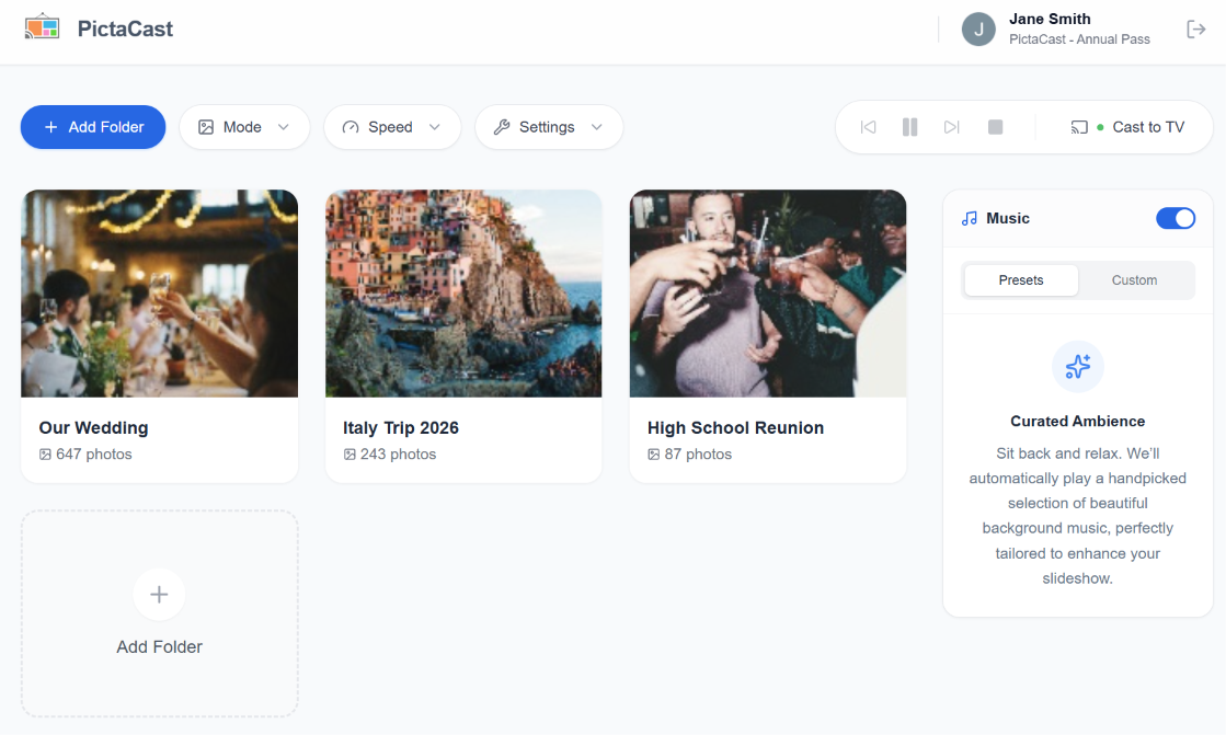 Screenshot of the new PictaCast Web App interface