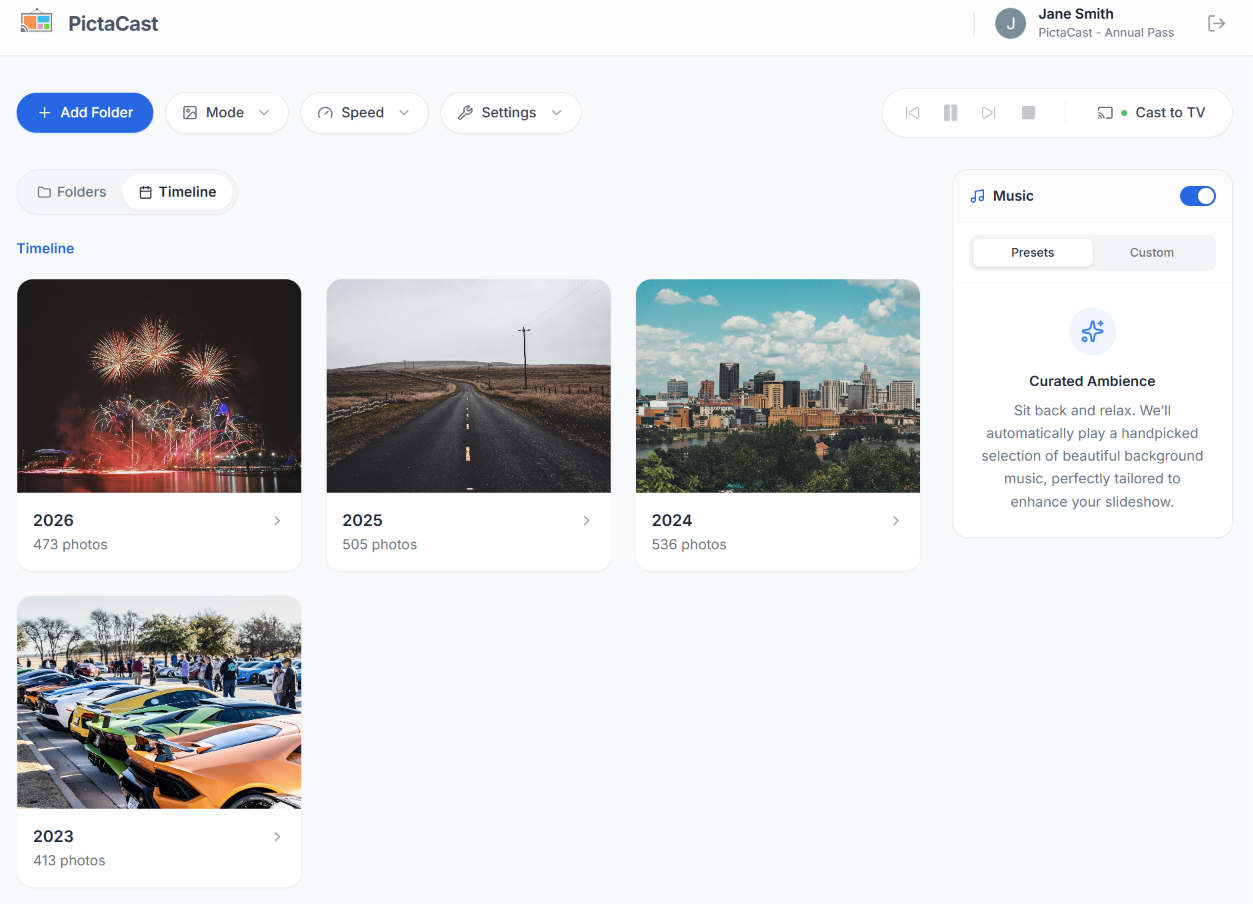 Screenshot of the new PictaCast Timeline view