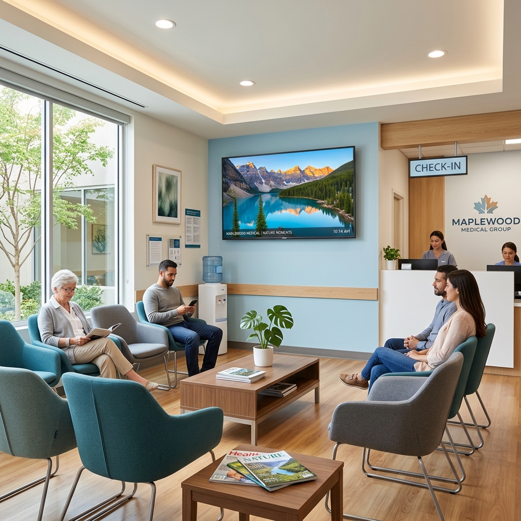 A modern waiting room TV displaying nature scenes